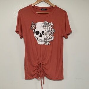 Miss Cheivous Peach/Terracotta Boho Skull Floral Print Rayon Top Size M
